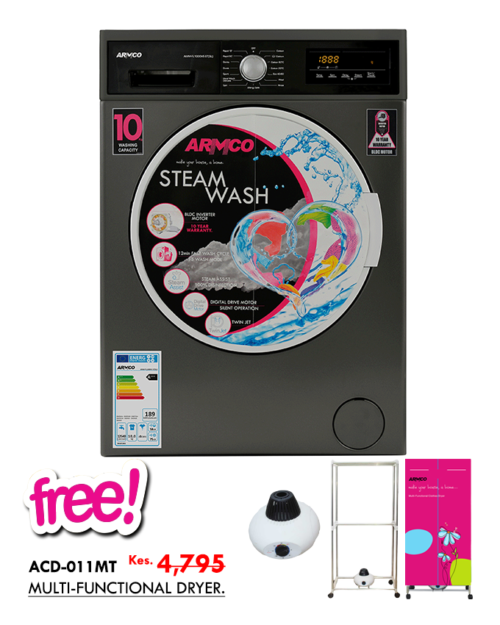 ARMCO AWM-FL1000VE-ST(SL) - 10KG, 62L, Fully Automatic STEAM Washing Machine - Front Load.