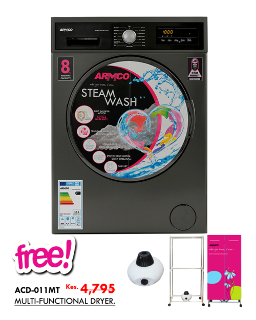 ARMCO AWM-FL800VE-ST(SL) - 8KG, 55L, Fully Automatic STEAM Washing Machine - Front Load