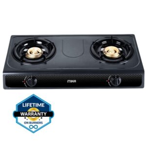 Mika Gas Stove, Table Top, Non Stick, 2 Burner, Dark Grey