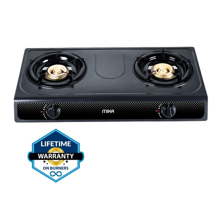 Mika Gas Stove, Table Top, Non Stick, 2 Burner, Dark Grey