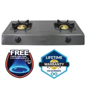 Mika Gas Stove, Table Top, Double Burner, Non Stick Dark Grey Colour Body