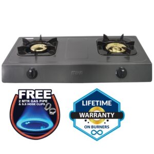 Mika Gas Stove, Table Top, Non Stick, 2 Burner, Metalic Grey