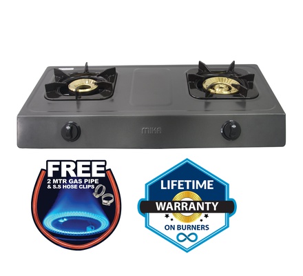 Mika Gas Stove, Table Top, Non Stick, 2 Burner, Metalic Grey
