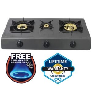 Mika Gas Stove, Table Top, Triple Burner, Non Stick Dark Grey Colour Body