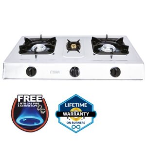 Mika Gas Stove, Table Top, Triple Burner, Non Stick Dark Grey Colour Body