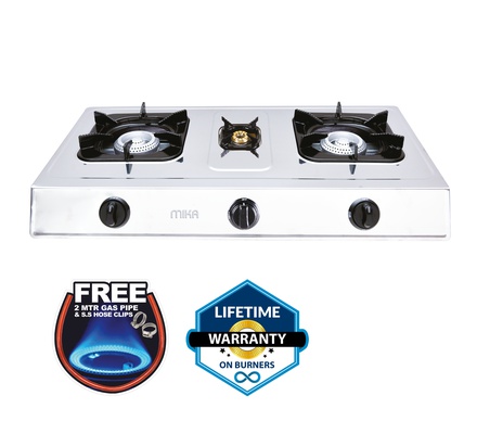 Mika Gas Stove, Table Top, Triple Burner, Non Stick Dark Grey Colour Body