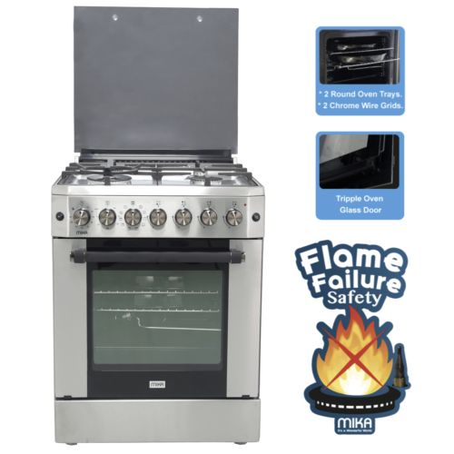 Mika Standing Cooker, 60cm X 60cm, 4 Gas, Electric Oven, Half Inox