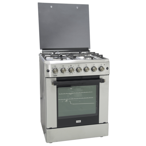 Mika Standing Cooker, 60cm X 60cm, 4 Gas, Electric Oven, Half Inox