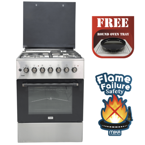 Mika Standing Cooker, 60cm x 60cm, 3 Gas Burner + 1 Electric Plate, Half Inox