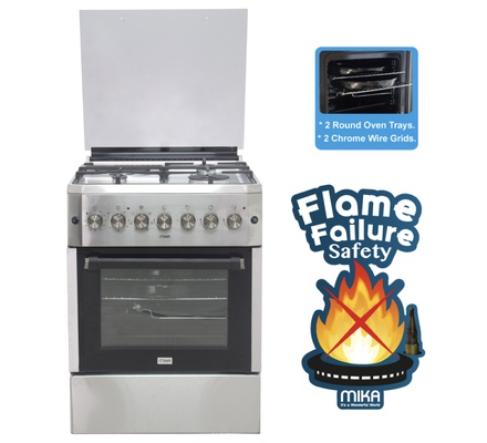 Mika Standing Cooker, 60cm x 60cm, 3 Gas Burner + 1 Electric Plate, Half Inox