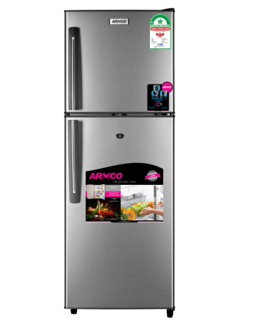 Armco Refrigerator, 128L, 2door, COOLPACK, Interior Lamp, 2 Strengthened Wire Shelves, Crystal Vegetable Crisper, Toughened Freezer shelves, Egg Tray, External handle, Lock and Key, Dark Silver